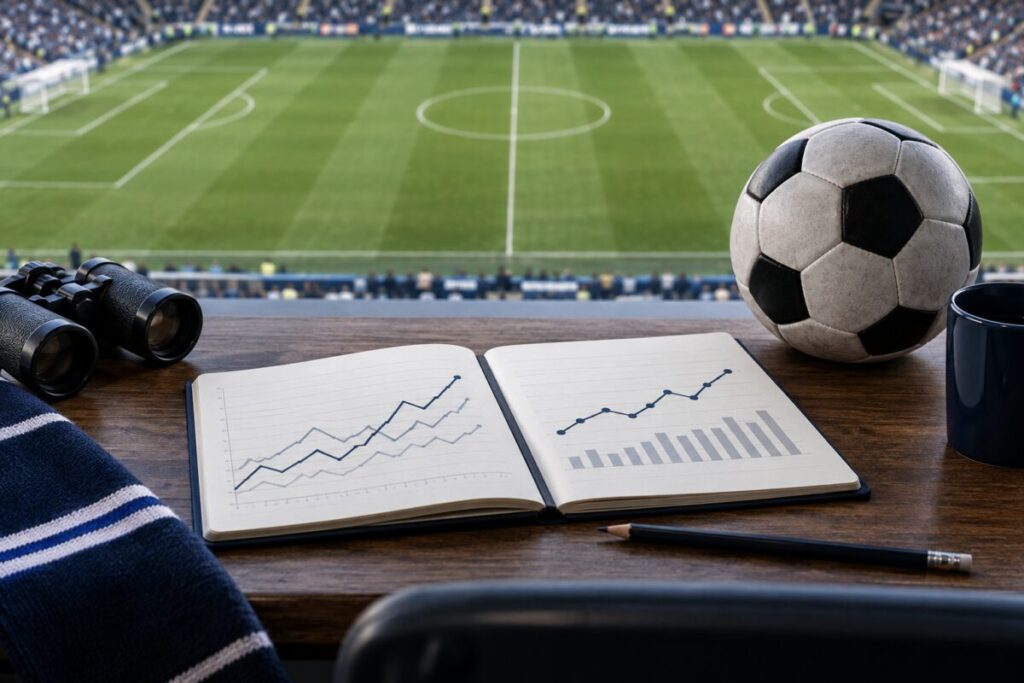 Compare tipster records with returns, sample size and costs 1 Notebooks with illustrative charts and a football overlooking a pitch