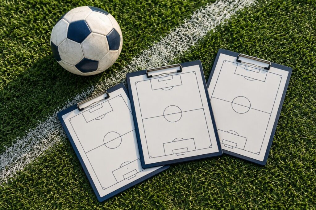 Football prediction formats: singles, Series and accumulators 1 Football and three tactics clipboards arranged on green turf