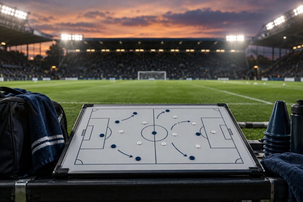 Reading team form: a five-match example with context 1 Football tactics board beside a floodlit stadium at dusk